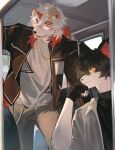 2024 aak_(arknights) anthro arknights axianorange black_hair bottomwear clothing duo fingerless_gloves fur gloves hair handwear hi_res hung_(arknights) hypergryph jacket looking_away male orange_hair pants shirt studio_montagne tan_body tan_fur topwear white_body white_fur white_hair yellow_eyes