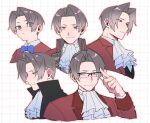  1boy ace_attorney ascot blue_bow blue_bowtie blush bow bowtie closed_mouth collared_shirt cropped_shoulders cropped_torso glasses grey_eyes grey_hair highres jacket male_focus miles_edgeworth multiple_views nasu_dango red_jacket shirt simple_background upper_body white_ascot 