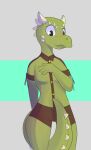 anthro blush bottomwear charrak_(golddrake) clothed clothing covering covering_self covering_self_with_tail embarrassed green_body green_scales hand_on_chest head_spikes hi_res ineffective_clothing kitsunekotaro kobold male scales shorts skimpy solo spiked_tail spikes spikes_(anatomy) tail