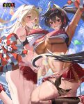  2girls absurdres arm_up armpits bay_(nikke) blonde_hair brown_hair cheering cheerleader clay_(nikke) confetti crop_top crop_top_overhang dark-skinned_female dark_skin fireworks goddess_of_victory:_nikke highres holding holding_hands holding_pom_poms leg_ribbon long_hair looking_at_viewer miniskirt mole mole_on_stomach mouth_hold multiple_girls navel pleated_skirt pom_pom_(cheerleading) ponytail ribbon rossy_(yowayowachimpo) skirt standing standing_on_one_leg star_sticker sticker_on_face sweaty_armpits thigh_ribbon torn_clothes torn_socks two-tone_skirt whistle 
