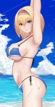  1girl absurdres alice_margatroid armpits arms_up beach bikini blonde_hair blue_bikini blue_eyes blue_sky breasts cloud cowboy_shot day hairband highres horizon hossy large_breasts ocean outdoors red_hairband short_hair side-tie_bikini_bottom sky solo stretching swimsuit touhou wet 