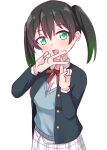  1girl black_hair black_jacket blue_vest blush breasts collared_shirt commentary_request gradient_hair green_eyes green_hair highres jacket lamchan long_sleeves looking_at_viewer love_live! love_live!_nijigasaki_high_school_idol_club medium_breasts multicolored_hair neck_ribbon nijigasaki_academy_school_uniform open_clothes open_jacket open_mouth plaid plaid_skirt red_ribbon ribbon school_uniform shirt skirt solo standing takasaki_yu twintails upper_body v vest white_background white_shirt white_skirt winter_uniform 