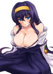  blue_eyes breasts bursting_breasts cleavage cum cum_on_body cum_on_breasts cum_on_upper_body facial hairband himemiya_chikane huge_breasts japanese_clothes kannazuki_no_miko long_hair miko miyamoto_issa purple_hair skindentation solo 