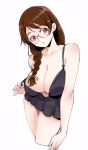  1girl bare_shoulders black_camisole braid breasts brown_eyes brown_hair camisole cleavage collarbone cropped_legs glasses hair_ornament hair_ribbon hairclip hanekawa_tsubasa large_breasts long_hair looking_at_viewer monogatari_(series) pulled_by_self relaxjon ribbon round_eyewear semi-rimless_eyewear signature simple_background solo strap_pull strap_slip thighs under-rim_eyewear white_background yellow_ribbon 