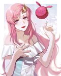  1girl blue_eyes dress gundam gundam_seed gundam_seed_destiny gundam_seed_freedom hair_ornament haro highres lacus_clyne long_hair looking_at_viewer non-humanoid_robot off-shoulder_dress off_shoulder open_mouth pink_hair robot smile solo ususio_11 