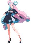  1girl blue_hair breasts character_hair_ornament closed_mouth dress frilled_dress frills gloves hair_ornament high_heels highres iono_(pokemon) kamidan long_hair looking_at_viewer magnemite multicolored_hair pink_hair pokemon pokemon_sv shirt smile solo two-tone_hair 