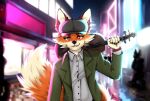  ambiguous_gender anthro bowed_string_instrument canid canine canis clothed clothing digital_media_(artwork) fedora fingers fox fur hat headgear headwear holding_object looking_at_viewer mammal mistakes musical_instrument neon_lights red_eyes red_fox smile smiling_at_viewer solo standing string_instrument tail true_fox violin 