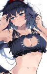  1girl :3 animal_ear_fluff animal_ears arknights armpits bare_shoulders black_bra black_hair blaze_(arknights) blue_eyes blue_hair blush bra breasts cat_cutout cat_ears cat_girl cat_lingerie cat_tail cleavage_cutout closed_mouth clothing_cutout commentary cropped_arms frilled_bra frills hairband highres kyuu_(plastic_night_q) large_breasts long_hair looking_at_viewer looking_to_the_side meme_attire navel paid_reward_available red_hairband simple_background smile solo spoken_blush stomach tail underwear upper_body white_background 