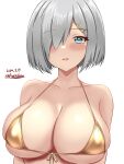  1girl bikini commentary_request dated dated_commentary front-tie_bikini_top front-tie_top gold_bikini grey_hair hair_ornament hairclip halterneck hamakaze_(kancolle) highres kantai_collection looking_at_viewer micro_bikini montemasa open_mouth short_hair smile solo swimsuit upper_body white_background 