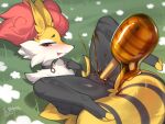  2024 3_toes 4_fingers absurd_res anthro anthro_penetrated anus black_stripes braixen choker choker_only feet female female_penetrated fingers food fur generation_6_pokemon genitals grass hi_res honey_(food) inner_ear_fluff jewelry leaking_pussy looking_at_viewer lying lying_on_ground markings necklace necklace_only nintendo nude on_back on_ground outside penetration plant pokemon pokemon_(species) pussy red_eyes solo spread_legs spreading striped_markings striped_tail stripes tail tail_markings toes tongue tongue_out tuft vaginal vaginal_penetration yellow_body yellow_fur yellow_tail zinfyu 