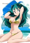  1girl arms_behind_head beach bikini blue_eyes blue_sky cloud commentary_request cone_horns day gold_bikini green_hair highres horizon horns ikura_onigiri long_hair looking_at_viewer lum ocean outdoors sitting sky small_horns solo swimsuit twitter_username urusei_yatsura wariza yellow_horns 