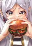  1girl burger capelet commentary dangle_earrings earrings eating english_commentary food frieren gold_trim green_eyes hands_up highres holding holding_food jewelry lettuce long_hair parted_bangs pickle pointy_ears shirt slewpie solo sousou_no_frieren striped_clothes striped_shirt tomato upper_body white_capelet 