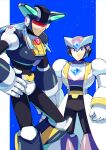  2boys armor assault_visor black_armor black_helmet blue_background blue_eyes chest_jewel coat dynamo_(mega_man) forehead_jewel gate_(mega_man) lab_coat looking_at_viewer male_focus mega_man_(series) mega_man_x_(series) multiple_boys purple_armor purple_helmet red-tinted_eyewear smile sznami129 tinted_eyewear white_coat 