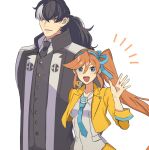  1boy 1girl :d ace_attorney athena_cykes black_coat black_hair black_jacket black_necktie blue_eyes blue_necktie blue_ribbon coat collared_shirt crescent crescent_earrings cropped_jacket earrings gumi_(gelatin) hair_between_eyes hair_ribbon jacket jewelry long_hair looking_at_viewer multicolored_hair necklace necktie open_mouth orange_hair ponytail ribbon shirt side_ponytail simon_blackquill single_earring smile two-tone_hair upper_body waving white_background white_hair white_shirt yellow_jacket 