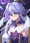  1girl absurdres aqua_eyes bare_shoulders bracelet breasts character_name cleavage closed_mouth dalcom detached_sleeves dress earrings facial_mark falling_feathers feathers gloves hair_between_eyes halo hand_up head_wings highres honkai:_star_rail honkai_(series) jewelry long_hair looking_at_viewer purple_dress purple_hair robin_(honkai:_star_rail) short_sleeves smile solo two-tone_dress upper_body white_dress white_feathers white_gloves white_wings wings 