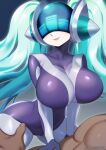  1boy 1girl black_bodysuit bodysuit breasts closed_mouth covered_collarbone dark-skinned_male dark_skin dj_sona english_text gradient_background green_hair grey_background grey_bodysuit highres large_breasts league_of_legends long_hair shiny_clothes shiny_skin smile sona_(league_of_legends) strongbana twintails web_address 