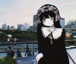  1girl averting_eyes black_hair blue_sky blush chromatic_aberration city closed_mouth com_shicom day empty_eyes film_grain frilled_hairband frills greyscale_with_colored_background hairband half-closed_eyes hand_up hatching_(texture) head_tilt highres holding_own_arm lolita_hairband long_hair long_sleeves neck_ribbon original outdoors pale_skin people photo_background plaque railing ribbon ribbon-trimmed_collar ribbon_trim road sky tree upper_body 