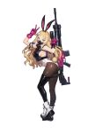  1girl animal_ears ankle_boots armpits ass assault_rifle asymmetrical_gloves asymmetrical_legwear belt black_gloves black_jacket black_thighhighs blonde_hair boots breasts brown_dust_2 brown_pantyhose cropped_jacket elbow_gloves fake_animal_ears fake_tail full_body gloves gun gun_on_back hair_between_eyes hair_ornament highres jacket large_breasts latex latex_legwear leotard liatris_(brown_dust) long_hair looking_at_viewer official_art pantyhose pink_gloves rabbit_ears rabbit_tail red_eyes respirator rifle second-party_source sideboob sideless_outfit simple_background single_elbow_glove skin_tight skindentation skull_hair_ornament solo standing standing_on_one_leg tail thigh_strap thighhighs v very_long_hair weapon weapon_on_back white_footwear white_leotard 