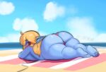 beach big_butt blonde_hair blue_body blue_fur blush bodily_fluids breasts butt camel_toe clothed clothing eyelashes feet female fur hair huge_butt humanoid humanoid_pointy_ears league_of_legends lying on_front pink_clothing pink_eyes pink_swimwear poppy_(lol) pupils riot_games sea short_stack slit_pupils solo squishcap sunbathing sweat sweatdrop swimwear tencent thick_thighs topless water wide_hips yordle