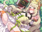  1girl :o after_sex after_vaginal blonde_hair blush book boris_(noborhys) breasts butterfly_hair_ornament celine_(fire_emblem) commentary_request crown cum cum_in_pussy cum_on_body cum_on_clothes fire_emblem fire_emblem_engage green_eyes hair_ornament highres holding holding_book long_hair nipples outdoors sitting small_breasts spread_legs thighhighs thighs torn_clothes very_long_hair 