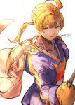  1boy ahoge blonde_hair brown_cape cape final_fantasy final_fantasy_tactics highres holding holding_sword holding_weapon looking_at_viewer miyama_(lacrima01) nose ponytail ramza_beoulve signature solo sword upper_body weapon white_background yellow_eyes 