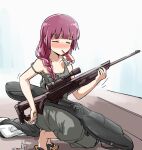  1girl blush bocchi_the_rock! braid closed_eyes dress drunk foot_out_of_frame geta green_dress gun hair_over_shoulder hand_tattoo hiroi_kikuri holding holding_gun holding_weapon jacket long_hair nose_blush outdoors purple_hair rifle single_braid sleeveless sleeveless_dress sniper_rifle solo spaghetti_strap squatting strap_slip tattoo torako_(toramaru) unworn_jacket weapon 