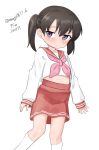  1girl absurdres black_hair cosplay feet_out_of_frame highres hiiragi_kagami hiiragi_kagami_(cosplay) kantai_collection long_sleeves lucky_star maru_(marg0613) neckerchief one-hour_drawing_challenge pink_neckerchief pleated_skirt purple_eyes red_sailor_collar red_skirt ryouou_school_uniform sailor_collar school_uniform serafuku shirt short_hair shounan_(kancolle) simple_background skirt solo twintails twitter_username white_background white_shirt 