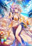  1girl age_of_ishtaria aqua_nails beach bikini blue_sky blush braid breasts cleavage collarbone copyright_name copyright_notice cup drink drinking_straw enkar_(age_of_ishtaria) flower grey_hair hair_flower hair_ornament hammock highres holding holding_shell horizon large_breasts long_hair looking_at_viewer munlu_(wolupus) nail_polish navel ocean palm_tree parted_lips purple_eyes sarong seashell shell sky solo swimsuit tree 