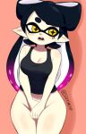 animal_humanoid big_breasts black_hair blush blush_lines bottomless breasts callie_(splatoon) cephalopod cephalopod_humanoid cleavage clothed clothing covering covering_crotch embarrassed eyelashes female grey_clothing grey_topwear hair humanoid humanoid_pointy_ears inkling marine marine_humanoid markings mole_(marking) mole_under_eye mollusk mollusk_humanoid multicolored_hair nintendo open_mouth pink_background pink_hair pseudo_hair pupils simple_background solo splatoon squid_humanoid squishcap tan_body tan_skin tentacle_hair tentacles thick_thighs topwear twintails_(hairstyle) two_tone_hair unusual_pupils wide_hips yellow_eyes