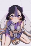  1girl black_hair blush breasts cape crying crying_with_eyes_open dot_nose goddess_of_victory:_nikke hands_on_ground highres looking_at_viewer maopippi88 medium_hair mole mole_under_eye multicolored_hair navel nose_blush on_ground purple_eyes purple_hair single_off_shoulder small_breasts solo syuen_(nikke) tears wavy_mouth 