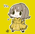 1girl absurdres asymmetrical_hair bob_cut c: chibi chibi_only closed_mouth coat_dress commentary doyagao dress full_body grey_hair hands_on_own_hips highres legs_apart long_sleeves love_live! love_live!_nijigasaki_high_school_idol_club nakasu_kasumi nijiyon oofushi_ao puff_of_air ryouran!_victory_road_(love_live!) short_hair sign smile smug solid_oval_eyes solo split_mouth standing v-shaped_eyebrows yellow_background yellow_dress 