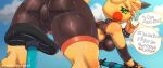  anthro biped bodily_fluids bottomwear breasts butt clothed clothing dialogue eyelashes female fur generation_1_pokemon hi_res looking_at_viewer looking_back nintendo pikachu pokegymsparks pokemon pokemon_(species) pupils shorts smile speech_bubble sweat text yellow_body 
