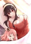  2girls :o anya_(spy_x_family) black_hair breasts cleavage green_eyes hairband hairpods highres large_breasts looking_at_viewer lying multiple_girls on_bed on_side pink_hair red_eyes red_sweater shi-2 spy_x_family sweater white_hairband yor_briar 