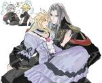  ! !! 2boys aged_down arm_armor armor bandaged_arm bandages bell belt black_belt black_bow black_choker black_coat black_gloves black_sweater blonde_hair blue_eyes blush bow brown_belt choker cloud_strife cloud_strife_(ball_gown) coat commentary cropped_legs crossdressing dress dress_bow epaulettes facing_away final_fantasy final_fantasy_vii final_fantasy_vii_ever_crisis final_fantasy_vii_remake frilled_choker frilled_dress frills gloves green_eyes grey_hair hair_over_shoulder hand_on_another&#039;s_arm hand_on_another&#039;s_chest jacket jjn_ff7 knees_up long_hair looking_at_another looking_down military_jacket military_uniform multiple_boys multiple_views neck_bell no_mouth official_alternate_costume on_lap pauldrons puffy_short_sleeves puffy_sleeves purple_dress sephiroth sephiroth_(shinra_formal_uniform) short_hair short_sleeves shoulder_armor single_pauldron sitting sleeveless sleeveless_sweater sleeveless_turtleneck smoke spiked_hair star_(symbol) suspenders sweatdrop sweater time_paradox turtleneck turtleneck_sweater uniform white_background yaoi 