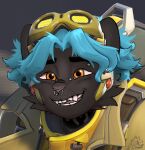  ambiguous_gender anthro blizzard_entertainment blue_hair digital_media_(artwork) facial_piercing fur hair hi_res looking_at_viewer mammal mistakes murid murine nose_piercing open_mouth overwatch piercing rat rodent simple_background smile solo venture_(overwatch) 