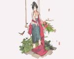  1girl absurdres anata_no_utahime_(lzr13708949567) barefoot bird black_hair bug butterfly chinese_clothes chinese_text flower full_body hair_flower hair_ornament hair_stick hanfu highres jewelry jiaoling_ruqun long_hair long_sleeves looking_at_viewer nail_polish pink_flower plant simple_background sitting smile solo swing toenail_polish toenails white_background 