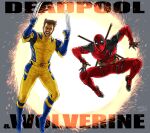  2boys belt bodysuit brown_hair claw_(weapon) commentary_request deadpool deadpool_(series) facial_hair gloves highres jumping katana looking_at_viewer mahito_(tranjistor) marvel mask meme multiple_boys red_bodysuit short_hair sword weapon wolverine_(x-men) x-men yellow_bodysuit youkai_gyaru_(meme) 