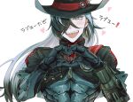  1boy :d black_hair black_hat black_jacket blush boke_aho_nara boothill_(honkai:_star_rail) bullet_earrings commentary cowboy_hat cropped_jacket crosshair_pupils cyborg ear_piercing earrings glint grey_eyes hair_over_one_eye hat heart heart_hands highres honkai:_star_rail honkai_(series) jacket jewelry long_hair looking_at_viewer male_focus medal mole mole_under_eye multicolored_hair multiple_moles open_mouth partially_unzipped piercing red_pupils sharp_teeth short_sleeves simple_background smile solo symbol-only_commentary teeth two-tone_hair upper_body white_background white_hair zipper zipper_pull_tab 