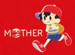  1boy backpack bag baseball_cap black_hair blue_shorts blush brown_bag closed_mouth copyright_name full_body hat male_focus mother_(game) mother_2 ness_(mother_2) purple_eyes red_background red_footwear running shorts sideways_hat smile solo ukata 