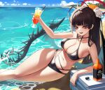  1girl :d absurdres alcohol arm_rest bags_under_eyes beach bikini black_bikini black_wings blue_archive blue_sky blunt_bangs bottle breasts cloud collarbone cooler cup day drinking_straw flower hair_flower hair_ornament halo high_ponytail highres holding holding_cup jaffna korean_commentary large_breasts long_hair looking_at_viewer lying navel ocean on_side open_mouth orange_flower outdoors red_eyes red_halo rose sky smile solo stomach swimsuit thighs tsurugi_(blue_archive) tsurugi_(swimsuit)_(blue_archive) very_long_hair water whiskey white_flower white_rose wings 