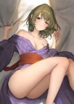  1girl bare_legs bare_shoulders bath_yukata bed_sheet blush breasts cleavage collarbone crack_of_light feet_out_of_frame green_hair heterochromia highres idolmaster idolmaster_cinderella_girls japanese_clothes kimono knees_together_feet_apart legs looking_at_viewer lying medium_breasts mole mole_under_eye nyome991 obi on_back purple_kimono red_sash sash sheet_grab smile solo takagaki_kaede yukata 