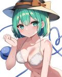  1girl bikini black_hat green_eyes green_hair hat heart heart_of_string highres kiui_(dagk8254) komeiji_koishi parted_lips short_hair simple_background solo swimsuit third_eye touhou upper_body white_background white_bikini 