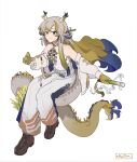  1girl arknights bare_shoulders beads belt blue_eyes blue_hair brown_footwear brown_hair closed_mouth commentary dragon_girl dragon_horns dragon_tail earrings elysiium english_commentary grey_hair highres holding holding_sword holding_weapon horns jacket jewelry long_hair long_sleeves looking_at_viewer multicolored_hair necklace off_shoulder open_clothes open_jacket pants pointy_ears shoes shu_(arknights) simple_background smile solo split_mouth strapless sword tail tube_top twitter_username weapon white_background white_belt white_jacket white_pants white_tube_top 