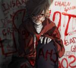  1boy artist_name bandage_on_face bandaged_neck bandages bandaid black_pants body_writing brown_hair bruise dated eddsworld english_commentary english_text flipped_hair graffiti hand_on_own_knee hanzeze highres hood hood_down hoodie injury knee_up long_sleeves looking_to_the_side male_focus medium_hair paint pants parted_lips red_eyes red_hoodie sitting solo tord_(eddsworld) 