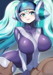  1boy 1girl black_bodysuit bodysuit breasts closed_mouth covered_collarbone dark-skinned_male dark_skin dj_sona english_text gradient_background green_eyes green_hair grey_background grey_bodysuit highres large_breasts league_of_legends long_hair shiny_clothes shiny_skin smile sona_(league_of_legends) strongbana twintails web_address 