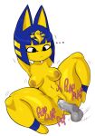 animal_crossing ankha_(animal_crossing) anthro areola balls black_eyes blue_hair breasts brown_areola brown_nipples disembodied_penis domestic_cat egyptian_headdress ellipsis eyelashes felid feline felis female genitals guillion hair hands_behind_head hi_res lying male male/female mammal navel nintendo nipples nude on_back penetration penis short_hair simple_background solo spread_legs spreading text thick_thighs vaginal vaginal_penetration white_background wide_hips