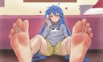  1girl :3 absurdres ahoge barefoot bedroom blue_hair blush closed_eyes commission feet foot_focus foreshortening full_body greek_toe grey_hoodie hair_between_eyes hand_up highres holding holding_phone hood hood_down hoodie indoors izumi_konata long_hair long_sleeves lucky_star mole mole_under_eye nikishiko on_ground phone pixiv_commission shadow shorts sidelocks signature sitting soles solo toes very_long_hair wooden_floor yellow_shorts 