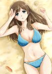  absurdres beach becky_oekaki bikini blue_bikini blue_eyes breasts brown_hair hibike!_euphonium highres kuroe_mayu large_breasts long_hair lying navel on_back sand shell striped_bikini striped_clothes swimsuit wet 