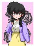  1girl arm_at_side black_flower black_hair black_rose blush bow braid breasts cardigan floral_background flower grey_bow grey_eyes hair_bow holding holding_own_hair kunou_kodachi looking_past_viewer medium_breasts pink_background purple_cardigan ranma_1/2 rose shirt signature skirt smile twin_braids wanta_(futoshi) white_shirt yellow_skirt 