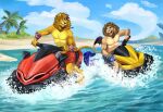 anthro beach duo eye_contact felid jetski karmen16 lion looking_at_another male mammal muscular open_mouth outside pantherine smile tail tail_tuft tongue tuft water 